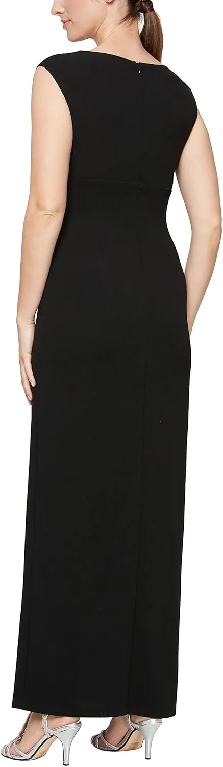 S.L. Fashions Women's Long Sleeveless Column Dress with Shoulder Detail and Front Slit (Petite and Regular Sizes)