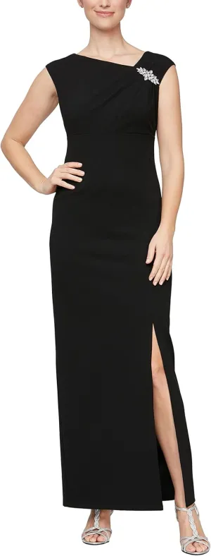 S.L. Fashions Women's Long Sleeveless Column Dress with Shoulder Detail and Front Slit (Petite and Regular Sizes)