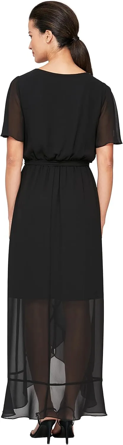 S.L. Fashions Women's Short Sleeve Chiffon V-Neck Wrap Dress with Cascade Ruffle
