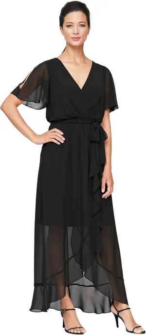 S.L. Fashions Women's Short Sleeve Chiffon V-Neck Wrap Dress with Cascade Ruffle