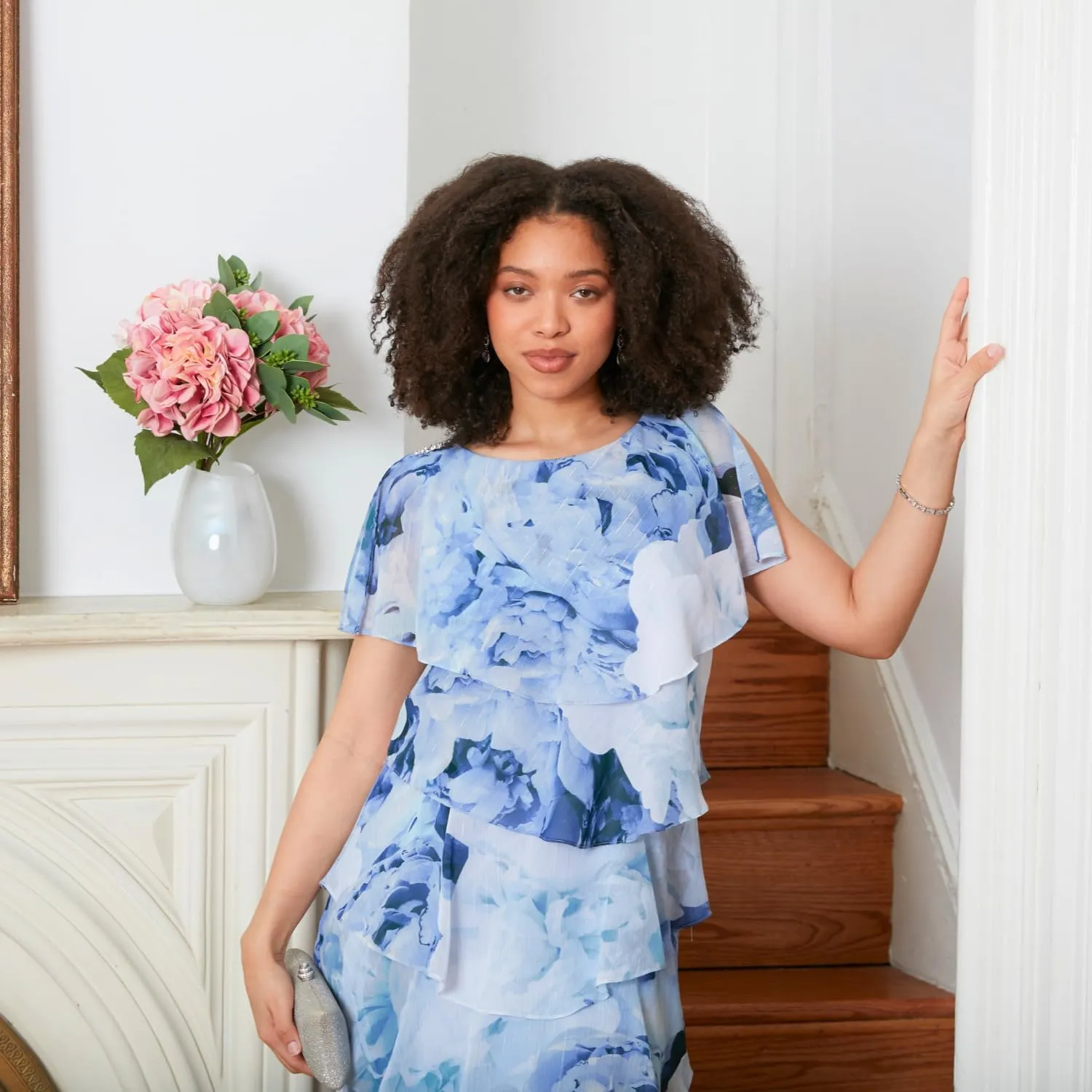 S.L. Fashions Women's Short Sleeve Floral Tiered Chiffon Cocktail Spring/Summer, Wedding Guest Dress