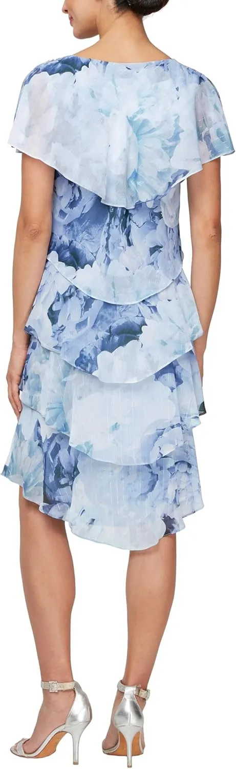 S.L. Fashions Women's Short Sleeve Floral Tiered Chiffon Cocktail Spring/Summer, Wedding Guest Dress