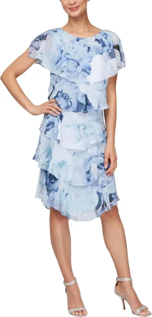 S.L. Fashions Women's Short Sleeve Floral Tiered Chiffon Cocktail Spring/Summer, Wedding Guest Dress
