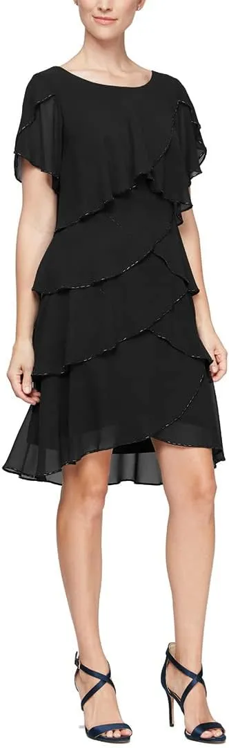 S.L. Fashions Women's Short Tulip Sleeve Tiered Chiffon Cocktail Dress, Wedding Guest Gown (Petite and Regular Sizes)