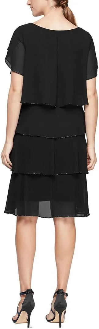 S.L. Fashions Women's Short Tulip Sleeve Tiered Chiffon Cocktail Dress, Wedding Guest Gown (Petite and Regular Sizes)