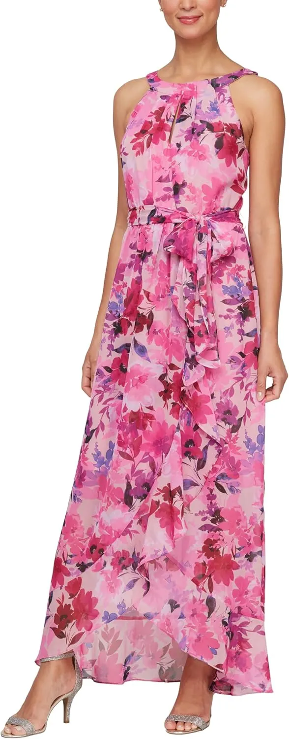 S.L. Fashions Women's Sleeveless Chiffon Wrap Dress with Cascade Ruffle, Perfect for Spring/Summer, Casual Or Wedding Guest