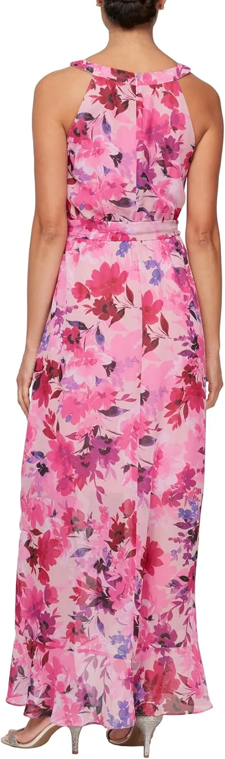 S.L. Fashions Women's Sleeveless Chiffon Wrap Dress with Cascade Ruffle, Perfect for Spring/Summer, Casual Or Wedding Guest