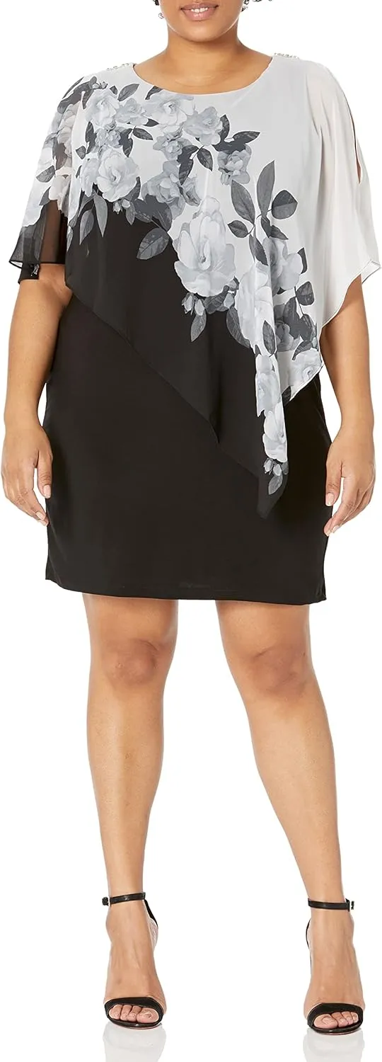 S.L. Fashions Women's Sleeveless Sheath Cape Dress with Chiffon Overlay