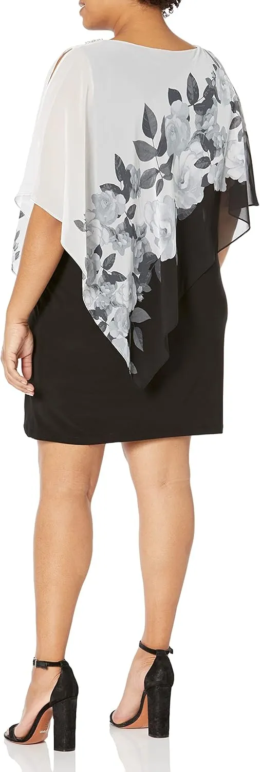 S.L. Fashions Women's Sleeveless Sheath Cape Dress with Chiffon Overlay