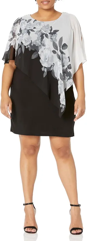 S.L. Fashions Women's Sleeveless Sheath Cape Dress with Chiffon Overlay
