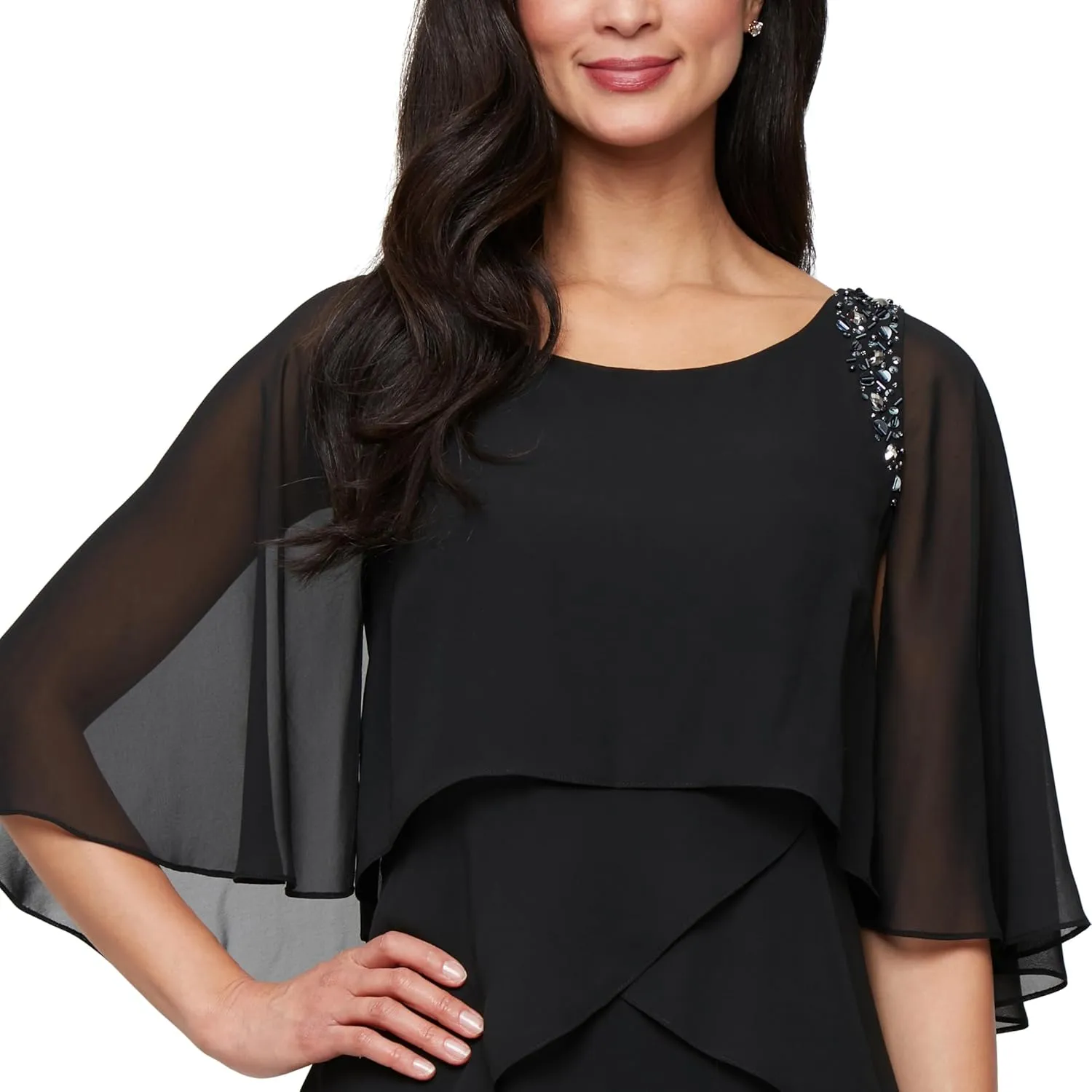 S.L. Fashions Women's Tiered Chiffon Cocktail Party Dress with Attached Cape & Beaded Shoulders (Petite and Regular Sizes)