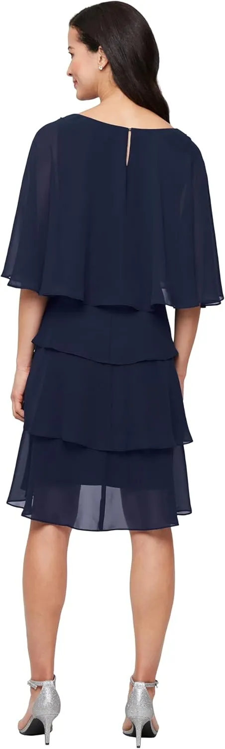 S.L. Fashions Women's Tiered Chiffon Cocktail Party Dress with Attached Cape & Beaded Shoulders (Petite and Regular Sizes)