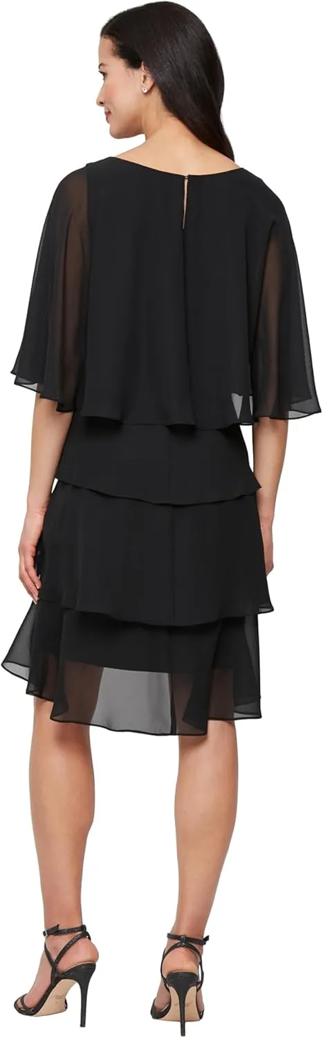 S.L. Fashions Women's Tiered Chiffon Cocktail Party Dress with Attached Cape & Beaded Shoulders (Petite and Regular Sizes)