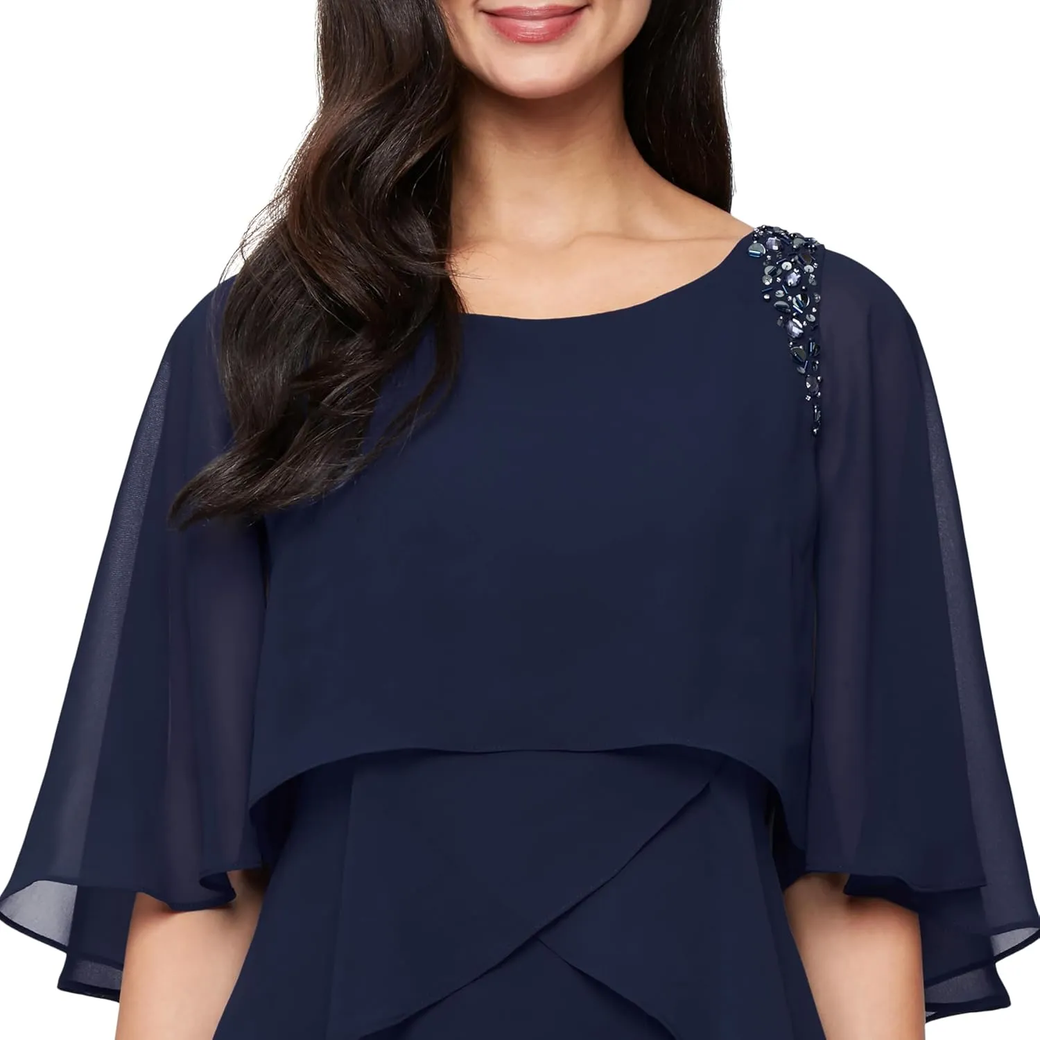 S.L. Fashions Women's Tiered Chiffon Cocktail Party Dress with Attached Cape & Beaded Shoulders (Petite and Regular Sizes)