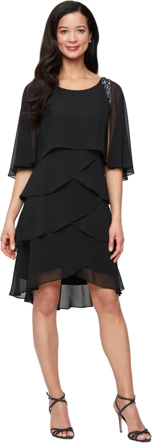 S.L. Fashions Women's Tiered Chiffon Cocktail Party Dress with Attached Cape & Beaded Shoulders (Petite and Regular Sizes)