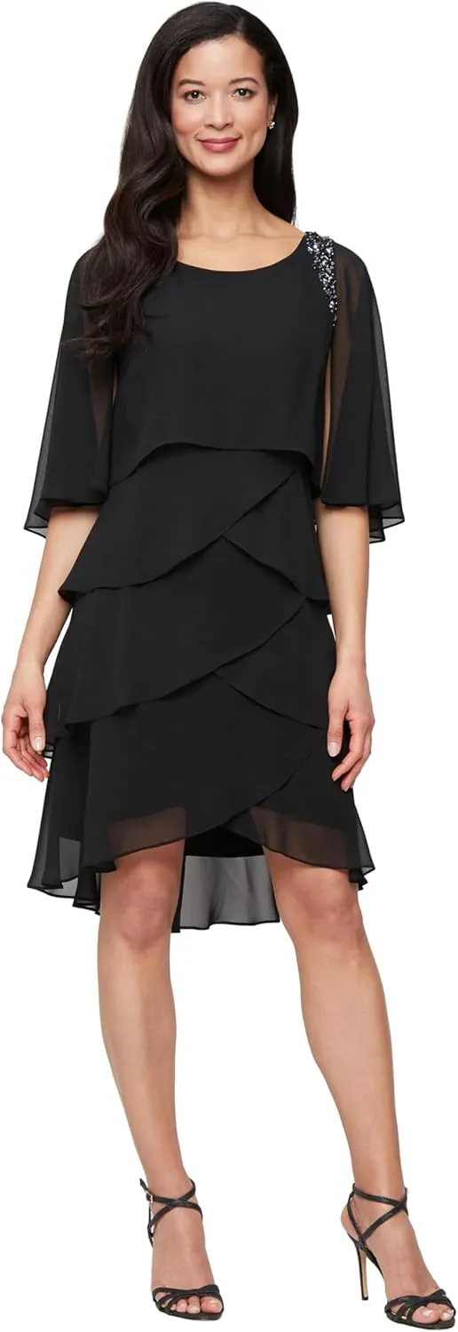 S.L. Fashions Women's Tiered Chiffon Cocktail Party Dress with Attached Cape & Beaded Shoulders (Petite and Regular Sizes)