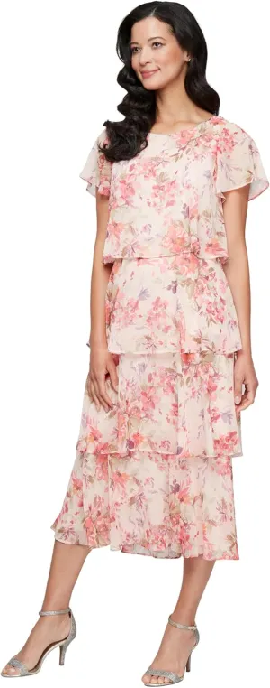 S.L. Fashions Women's Tiered Midi Wedding Guest, Mother of The Bride Dress with Bead Embellishment (Petite and Regular Sizes)