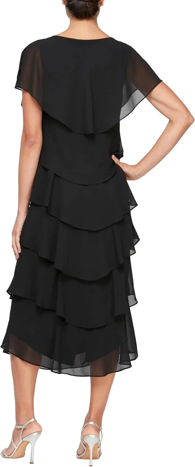 S.L. Fashions Women's Tiered Midi Wedding Guest, Mother of The Bride Dress with Bead Embellishment (Petite and Regular Sizes)