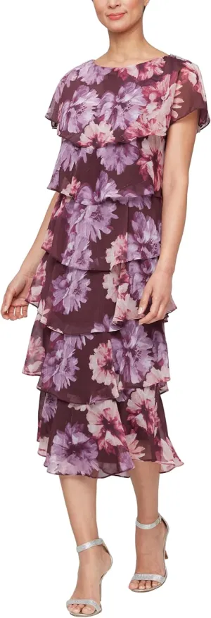 S.L. Fashions Women's Tiered Midi Wedding Guest, Mother of The Bride Dress with Bead Embellishment (Petite and Regular Sizes)