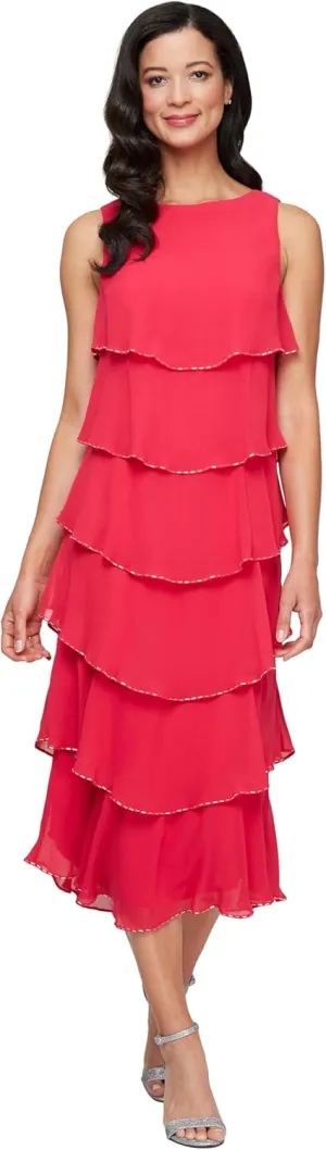 S.L. Fashions Women's Tiered Midi Wedding Guest, Mother of The Bride Dress with Bead Embellishment (Petite and Regular Sizes)