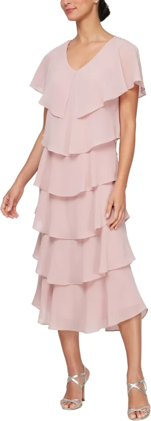S.L. Fashions Women's Tiered Midi Wedding Guest, Mother of The Bride Dress with Bead Embellishment (Petite and Regular Sizes)