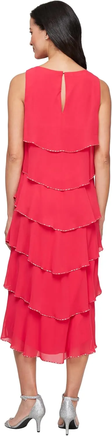 S.L. Fashions Women's Tiered Midi Wedding Guest, Mother of The Bride Dress with Bead Embellishment (Petite and Regular Sizes)