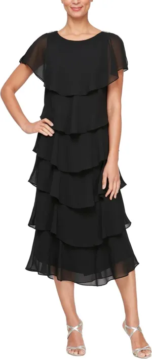 S.L. Fashions Women's Tiered Midi Wedding Guest, Mother of The Bride Dress with Bead Embellishment (Petite and Regular Sizes)