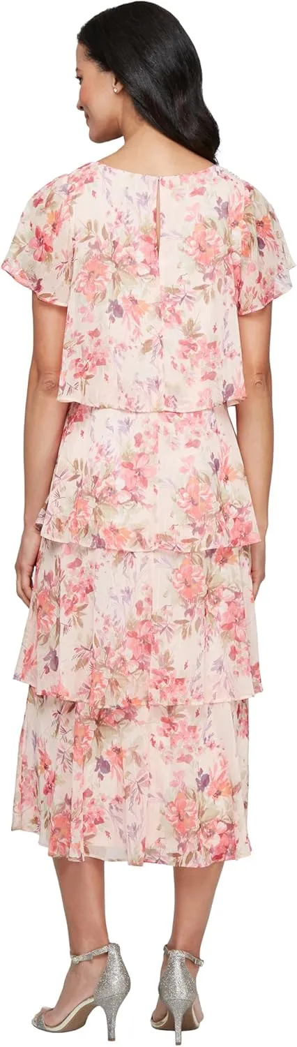 S.L. Fashions Women's Tiered Midi Wedding Guest, Mother of The Bride Dress with Bead Embellishment (Petite and Regular Sizes)