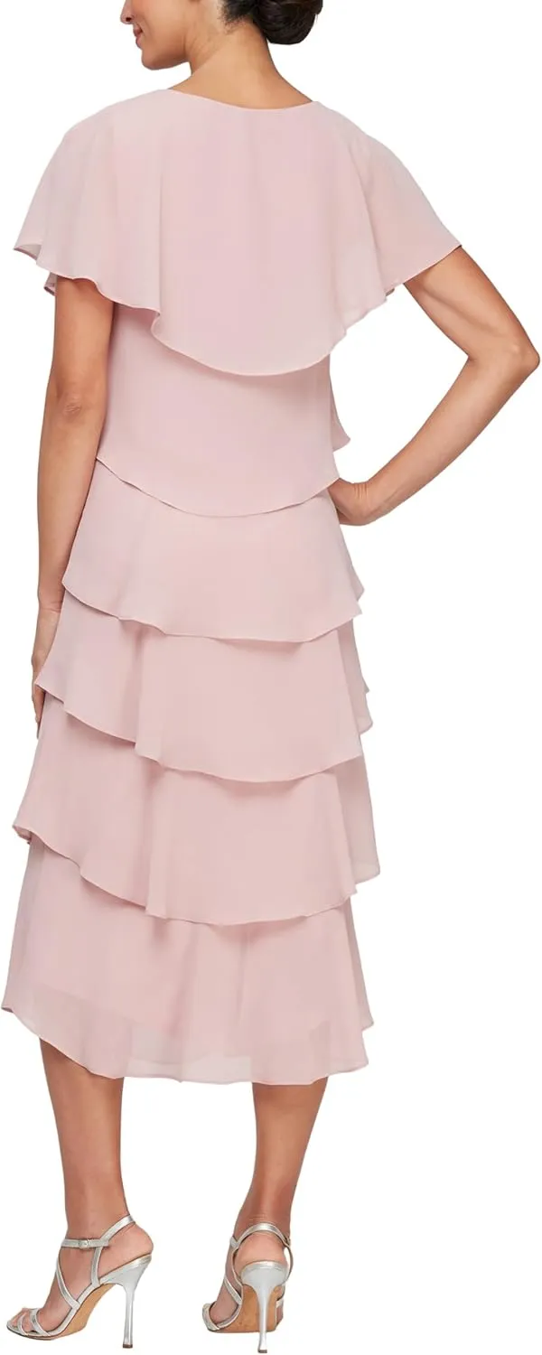 S.L. Fashions Women's Tiered Midi Wedding Guest, Mother of The Bride Dress with Bead Embellishment (Petite and Regular Sizes)