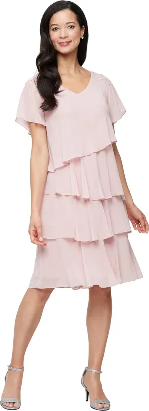 S.L. Fashions Women's V-Neck Chiffon Cocktail Dress with Beaded Shoulders and Asymmetrical Tiers (Petite and Regular Sizes)