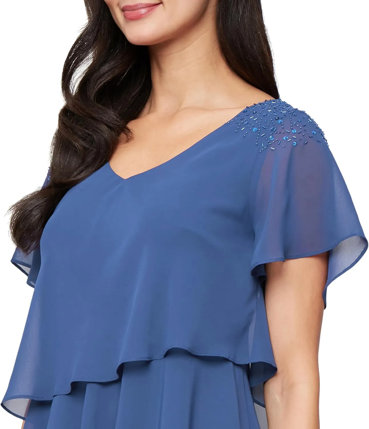 S.L. Fashions Women's V-Neck Chiffon Cocktail Dress with Beaded Shoulders and Asymmetrical Tiers (Petite and Regular Sizes)