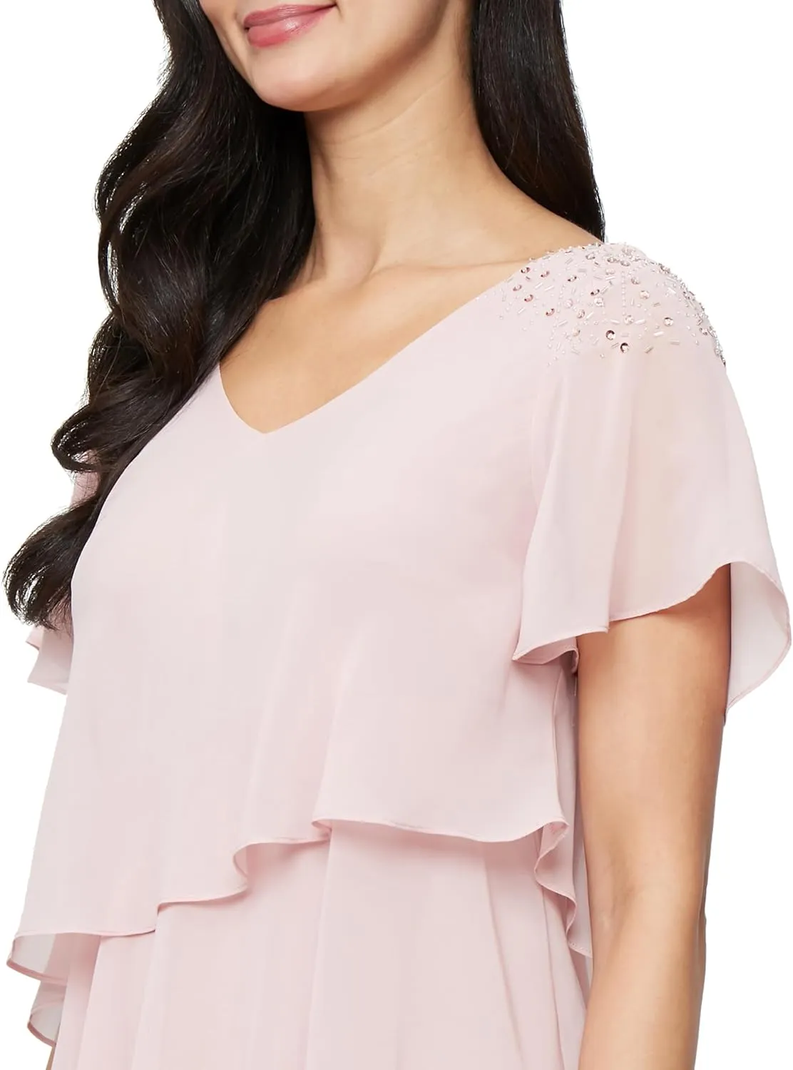S.L. Fashions Women's V-Neck Chiffon Cocktail Dress with Beaded Shoulders and Asymmetrical Tiers (Petite and Regular Sizes)