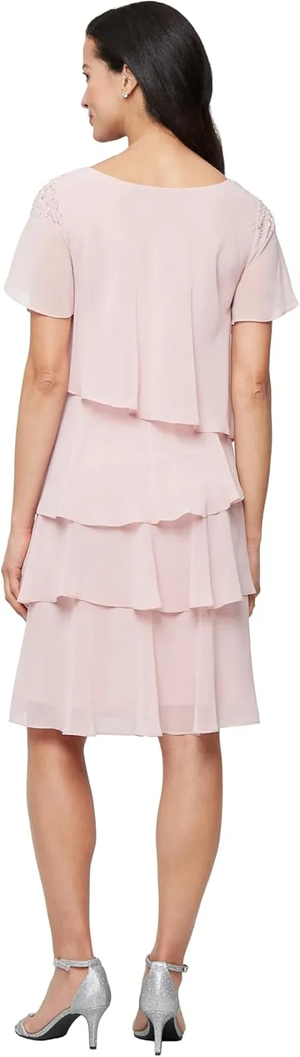 S.L. Fashions Women's V-Neck Chiffon Cocktail Dress with Beaded Shoulders and Asymmetrical Tiers (Petite and Regular Sizes)
