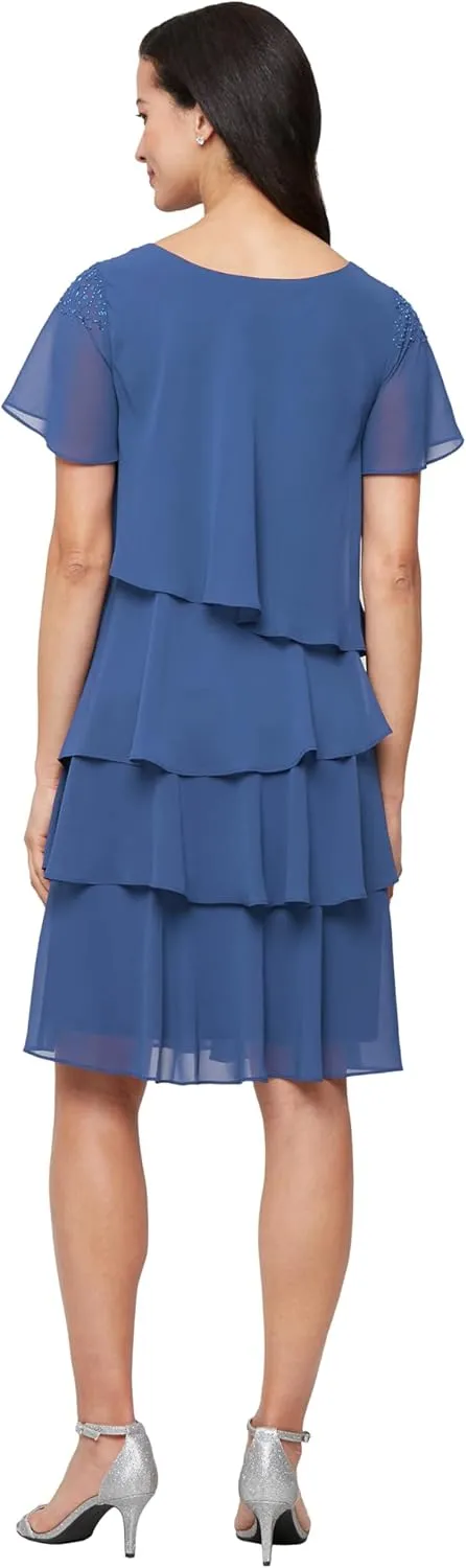S.L. Fashions Women's V-Neck Chiffon Cocktail Dress with Beaded Shoulders and Asymmetrical Tiers (Petite and Regular Sizes)