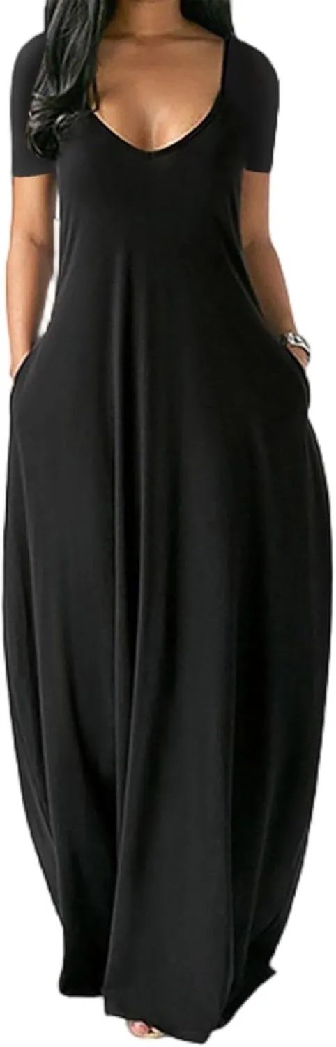 Sleeveless Dress, Deep V Neck Loose fit Gown, Plain Colored Long Maxi Dress, Casual Style Dresses for Women