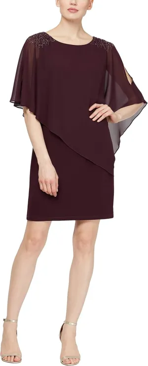 S.L.Fashions Women's Short Sheath Capelet Gown with Asymmetric Overlay,Mother of The Bride Dress,(Petite and Regular Sizes)