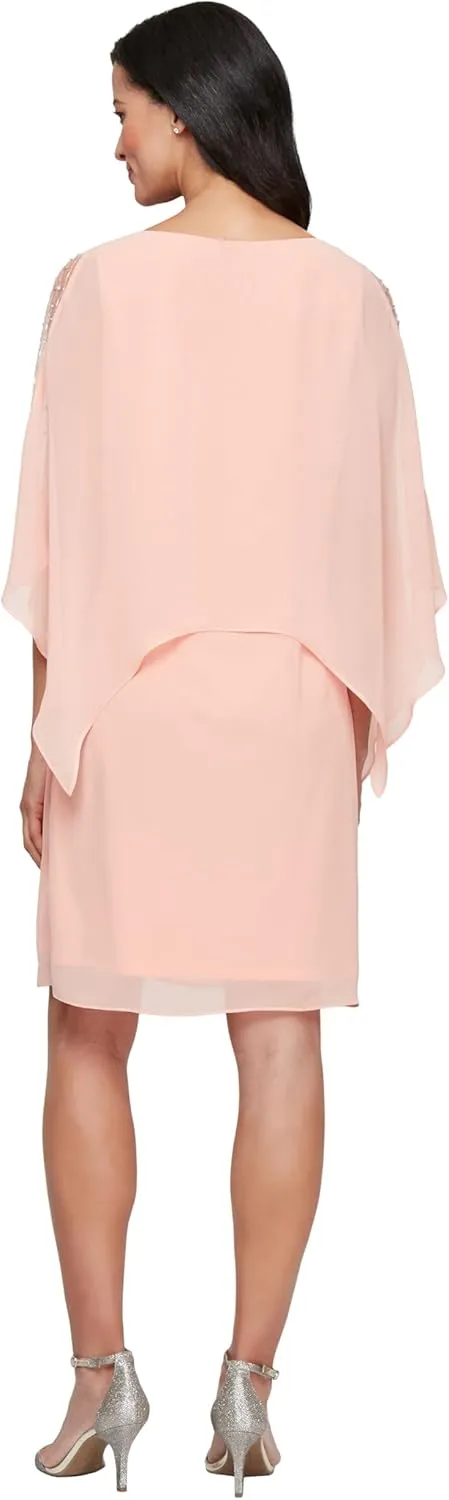 S.L.Fashions Women's Short Sheath Capelet Gown with Asymmetric Overlay,Mother of The Bride Dress,(Petite and Regular Sizes)