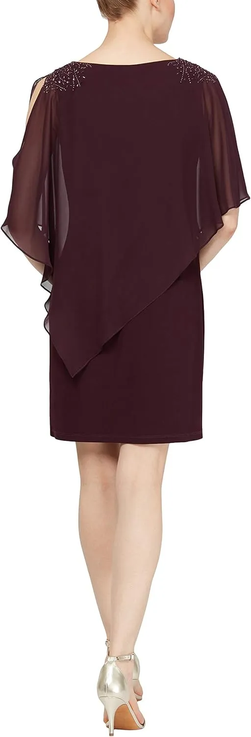 S.L.Fashions Women's Short Sheath Capelet Gown with Asymmetric Overlay,Mother of The Bride Dress,(Petite and Regular Sizes)