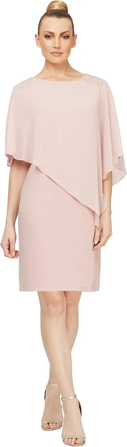 S.L.Fashions Women's Short Sheath Capelet Gown with Asymmetric Overlay,Mother of The Bride Dress,(Petite and Regular Sizes)