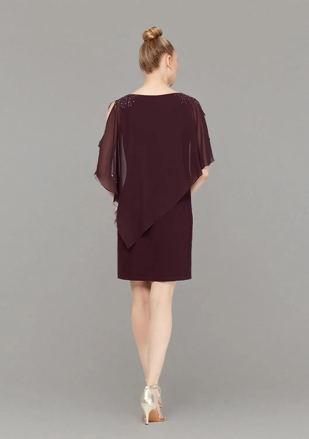 S.L.Fashions Women's Short Sheath Capelet Gown with Asymmetric Overlay,Mother of The Bride Dress,(Petite and Regular Sizes)