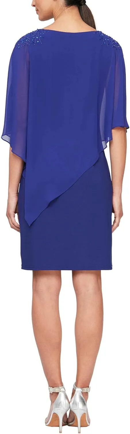 S.L.Fashions Women's Short Sheath Capelet Gown with Asymmetric Overlay,Mother of The Bride Dress,(Petite and Regular Sizes)