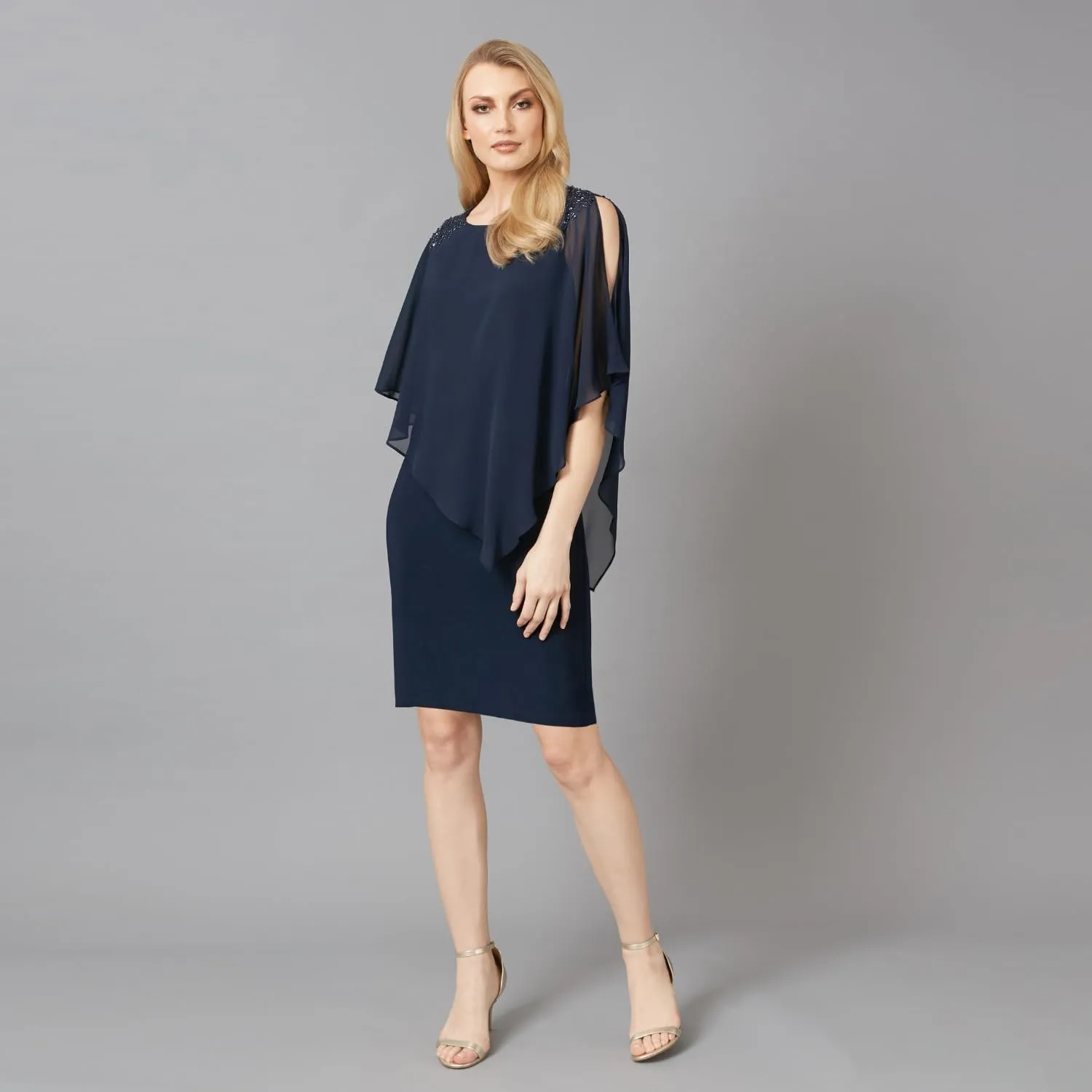 S.L.Fashions Women's Short Sheath Capelet Gown with Asymmetric Overlay,Mother of The Bride Dress,(Petite and Regular Sizes)
