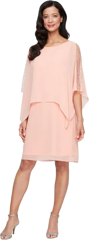 S.L.Fashions Women's Short Sheath Capelet Gown with Asymmetric Overlay,Mother of The Bride Dress,(Petite and Regular Sizes)