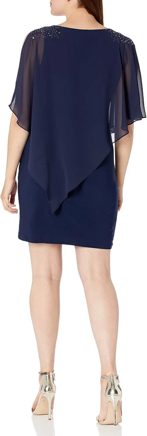 S.L.Fashions Women's Short Sheath Capelet Gown with Asymmetric Overlay,Mother of The Bride Dress,(Petite and Regular Sizes)