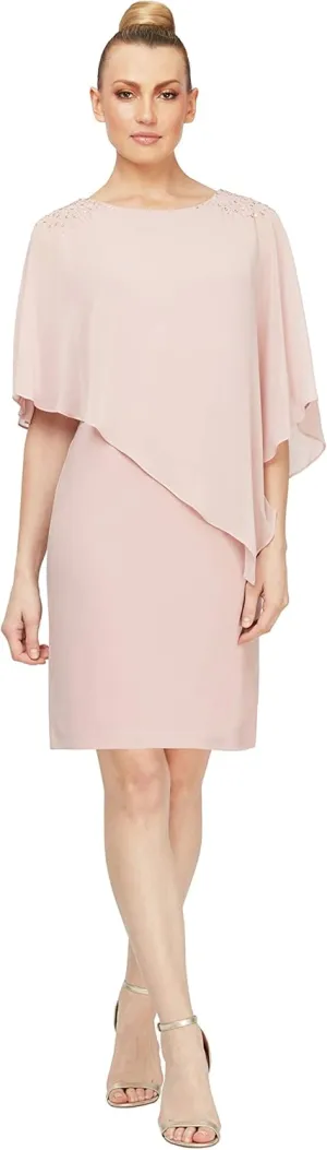 S.L.Fashions Women's Short Sheath Capelet Gown with Asymmetric Overlay,Mother of The Bride Dress,(Petite and Regular Sizes)