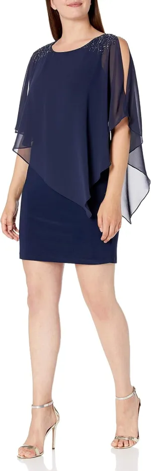 S.L.Fashions Women's Short Sheath Capelet Gown with Asymmetric Overlay,Mother of The Bride Dress,(Petite and Regular Sizes)