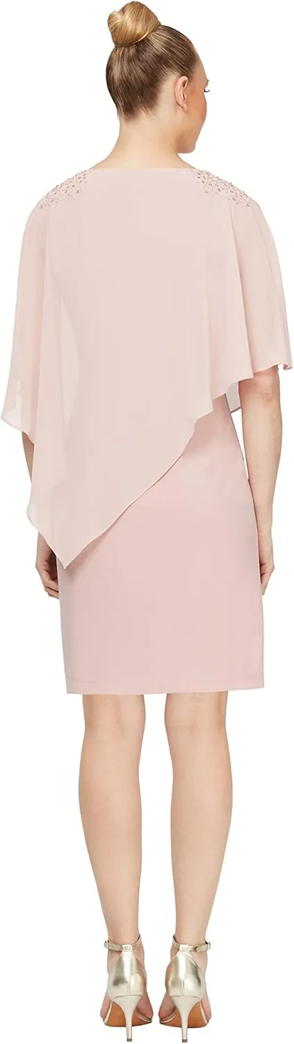 S.L.Fashions Women's Short Sheath Capelet Gown with Asymmetric Overlay,Mother of The Bride Dress,(Petite and Regular Sizes)