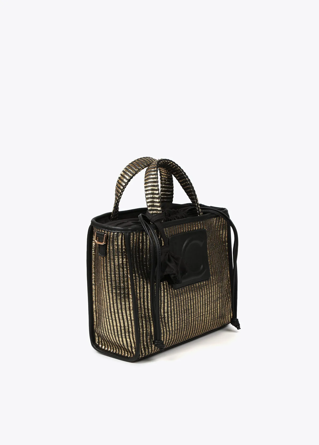 Small metallic raffia-effect tote bag