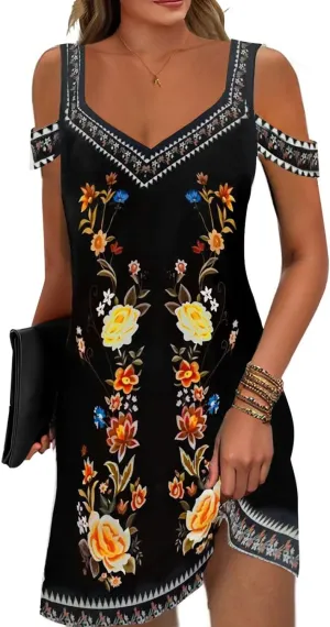 Soesdemo Womens Summer Dress Cold Shoulder V Neck Floral Printed 2025 Fashion Sundress with Pockets