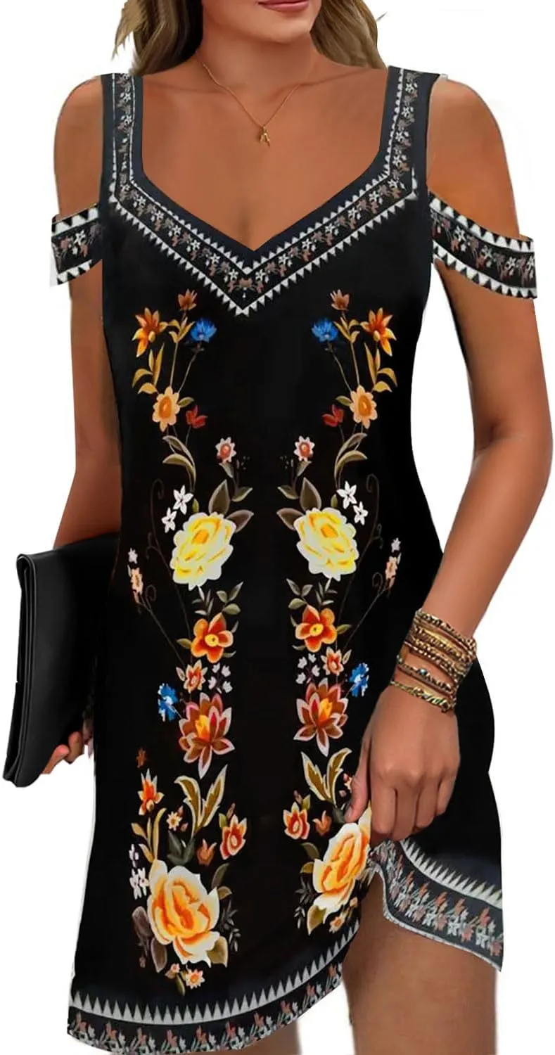 Soesdemo Womens Summer Dress Cold Shoulder V Neck Floral Printed 2025 Fashion Sundress with Pockets